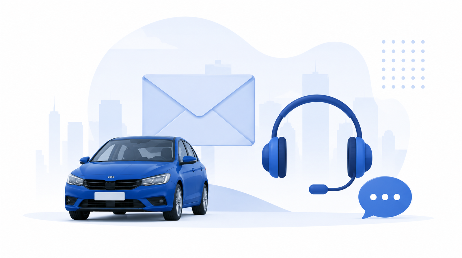Support illustration with car, message envelope and headset